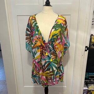 Bleu Rod Beattie Multicolor Tropical Leaf Swim Coverup